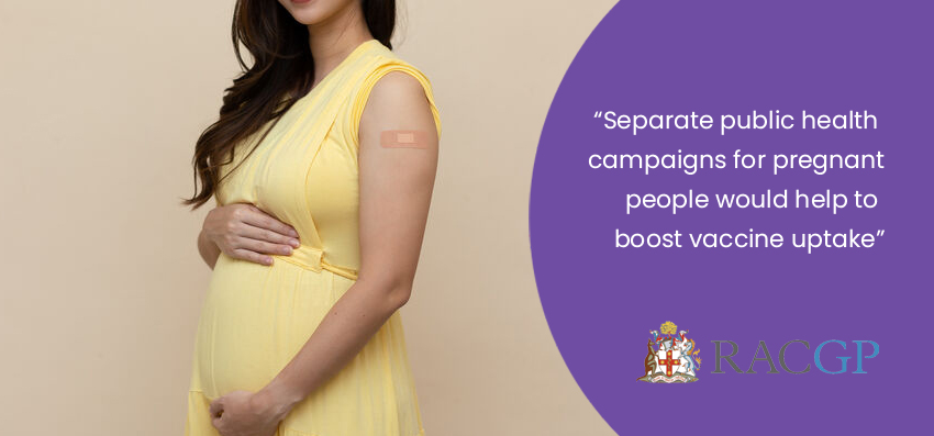 Pregnant woman with band aide on arm covering recent vaccination