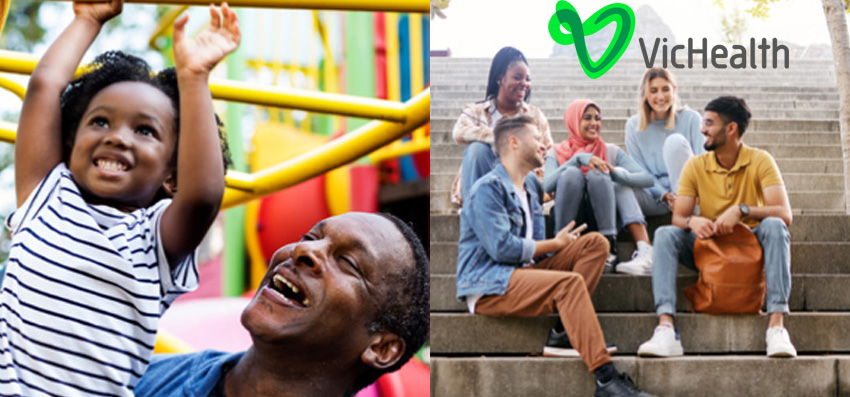 Father and daughter in playground (l). Group of young adults sitting on stairs (R).
