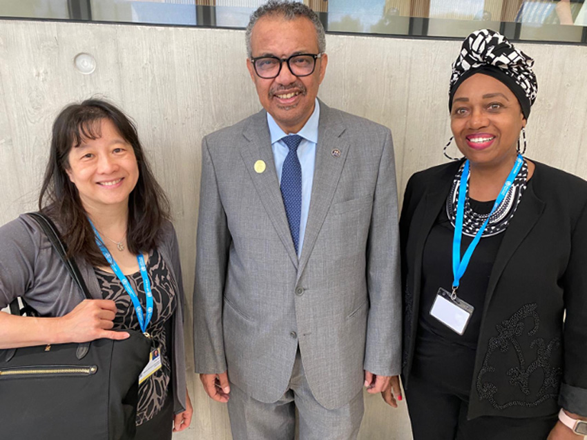 DG WHO, Tedros Adhanom Ghebreyesus, with MWIA. President - Eleanor Nwadinobi, Treasurer Dr. Eliza Lo Chin during the 153rd WHO Executive Board Meeting