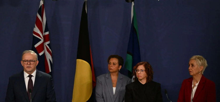 Australian Prime Minister Anthony Albanese (left) is joined by Minister for Social Services, Amanda Rishworth, Minister for Communications, Michelle Rowland and Commonwealth Domestic, Family and Sexual Violence Commissioner Micaela Cronin (right) speak to media during a press conferenceafter the National Cabinet meeting with state and territory leaders to discuss the domestic and family violence crisis. Photo: AAP/Dean Lewins