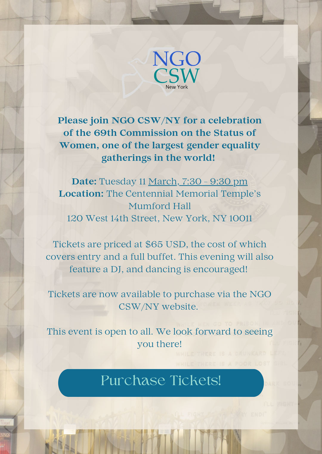 NGO CSW/NY 69 Forum Reception: flyer