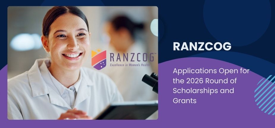 Notice that applications are open featuring a medical woman smiling and RANZCOG logo
